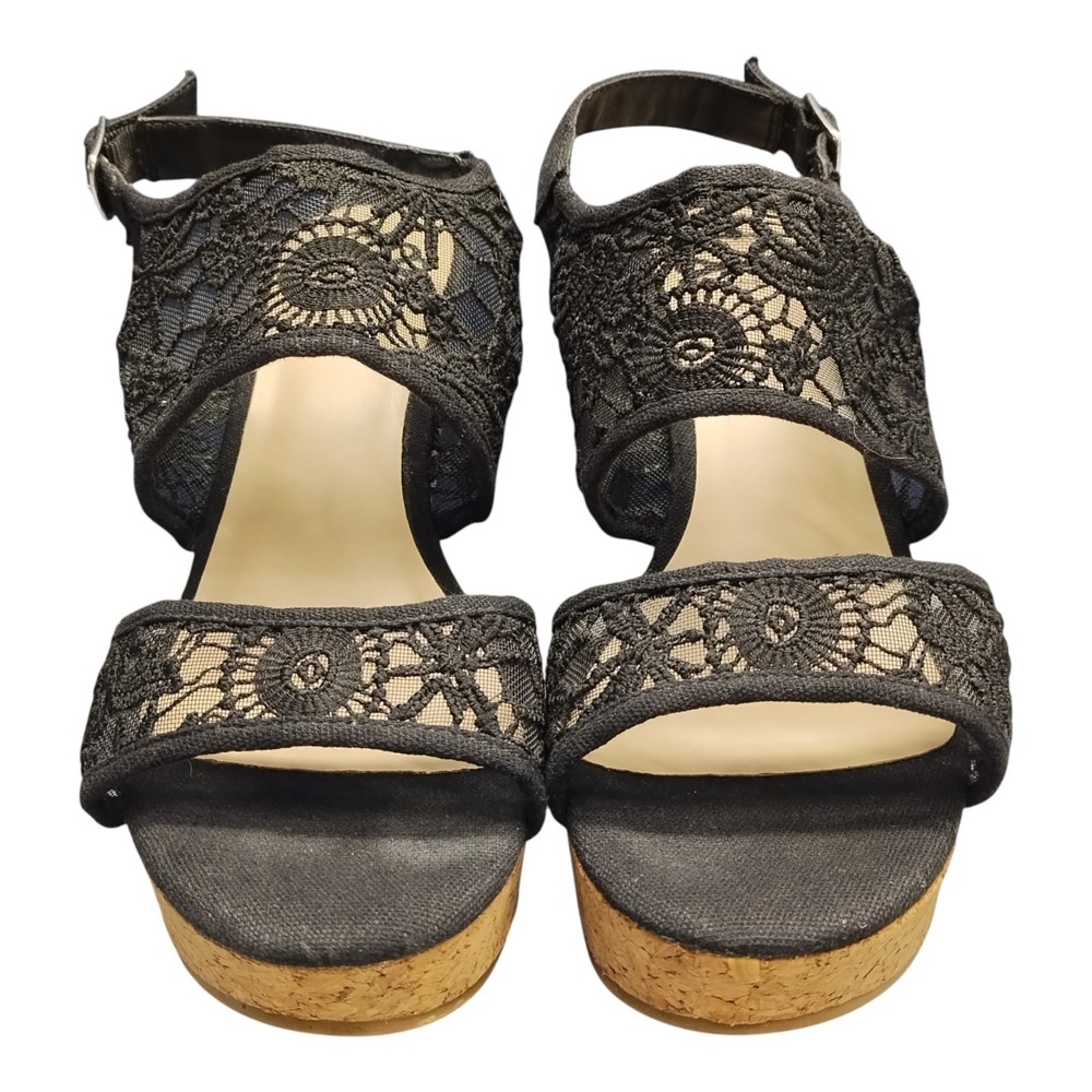 Fergalicious Krazy Wedge Sandals Womens Size 7.5M Black Brown Lace Buckle Strap